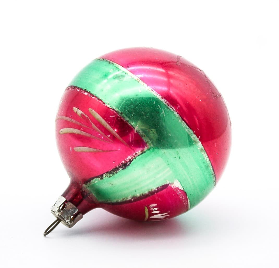 Vintage Poland Handpainted Red Green Floral Mica Glass Christmas Ornament 2" - Thumbnail 2