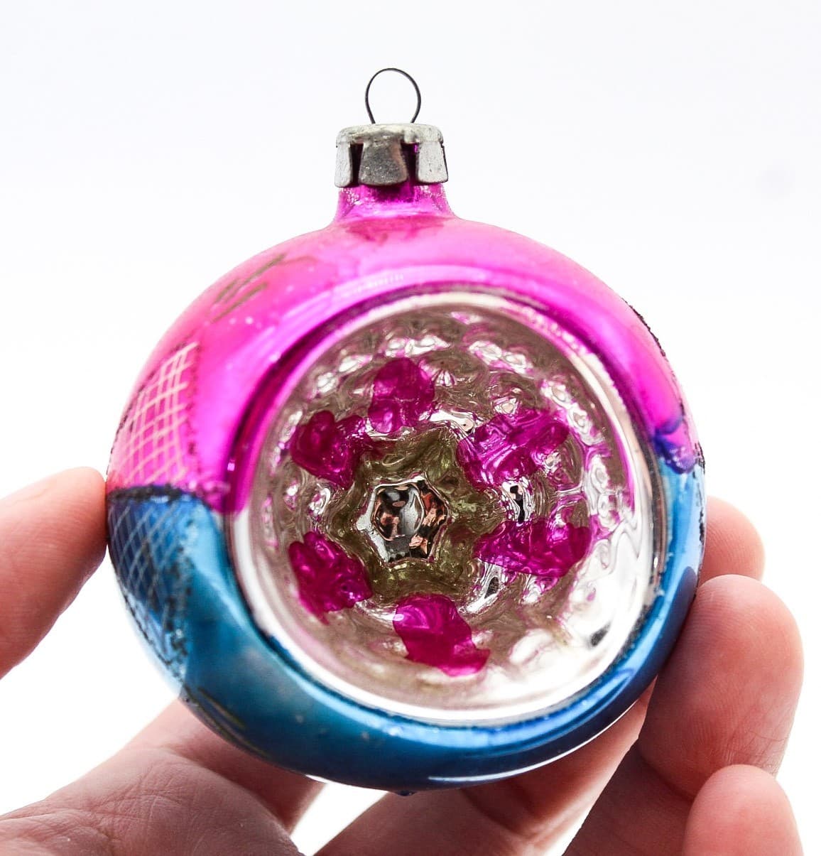 Vintage Poland Indent Reflector Pink Blue Mica Glass Christmas Ornament 2.5" - Thumbnail 5