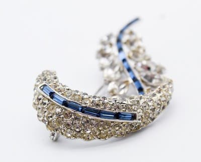 Vintage Silver Tone Blue & Clear Marquise & Baguette Cut Rhinestone Pin Brooch - Thumbnail 4