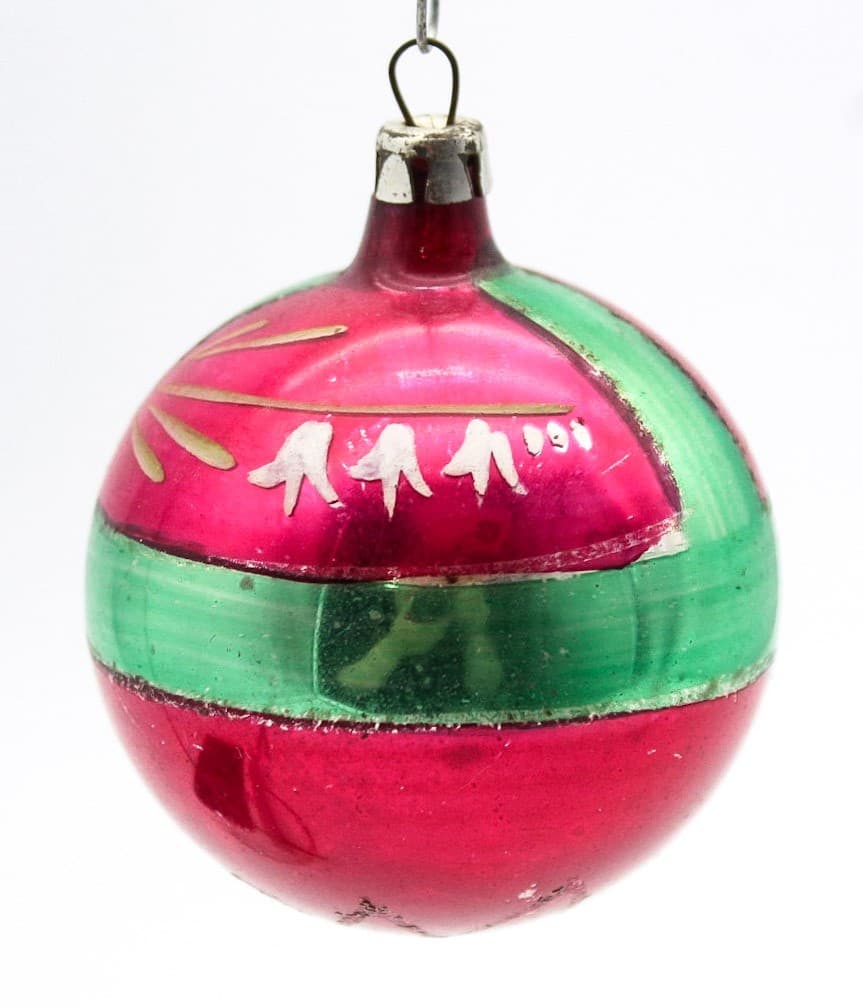 Vintage Poland Handpainted Red Green Floral Mica Glass Christmas Ornament 2" - Thumbnail 6