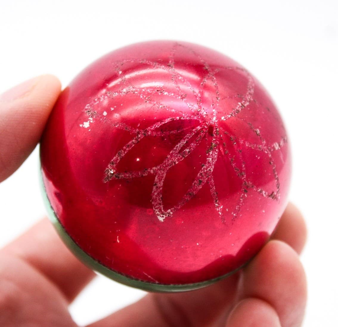 Vintage Poland Handpainted Red Green Floral Mica Glass Christmas Ornament 2" - Thumbnail 3