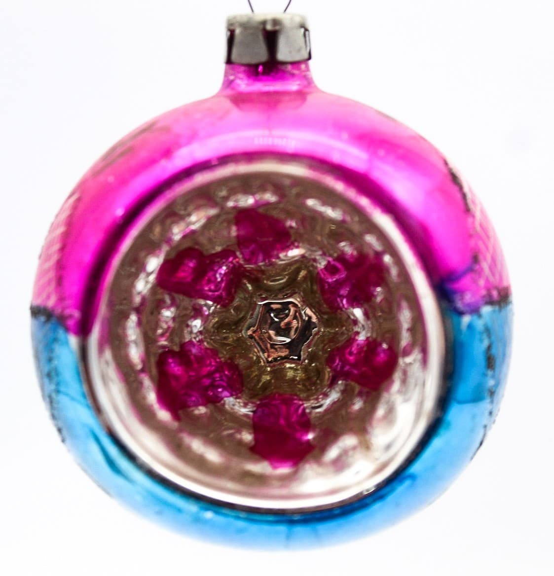 Vintage Poland Indent Reflector Pink Blue Mica Glass Christmas Ornament 2.5" - Thumbnail 7
