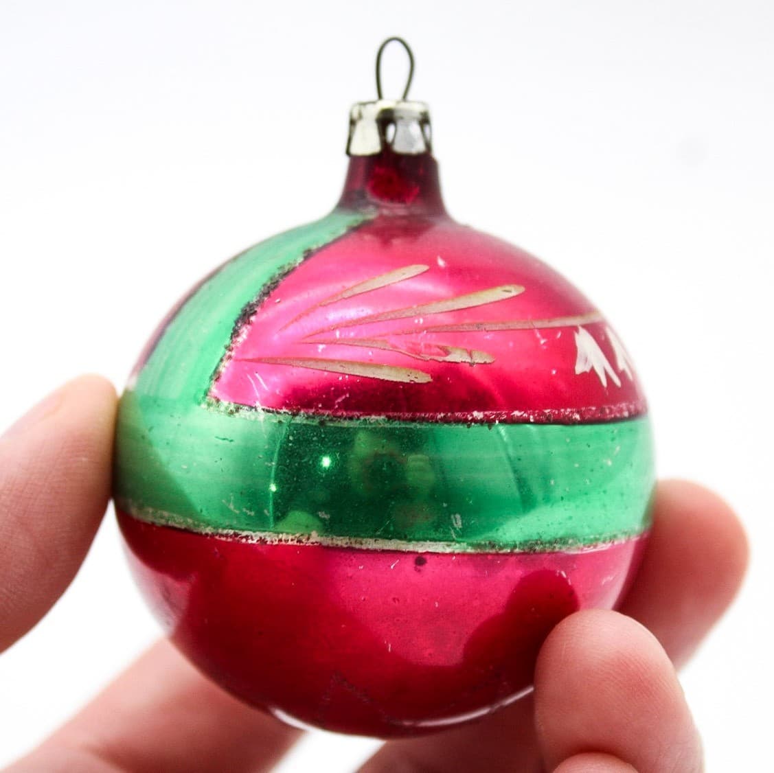 Vintage Poland Handpainted Red Green Floral Mica Glass Christmas Ornament 2" - Thumbnail 5