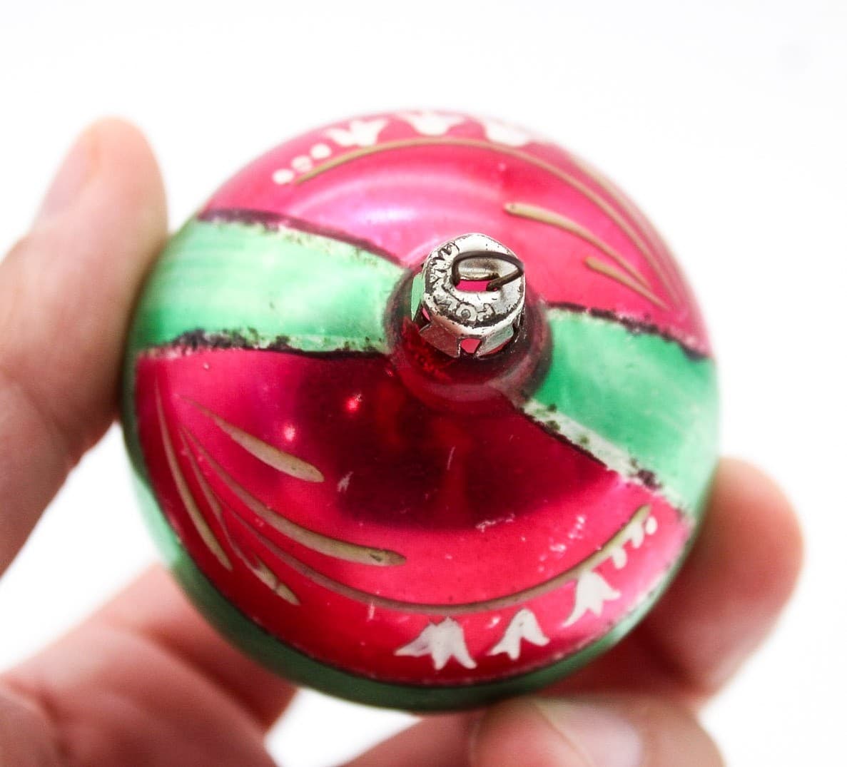 Vintage Poland Handpainted Red Green Floral Mica Glass Christmas Ornament 2" - Thumbnail 4