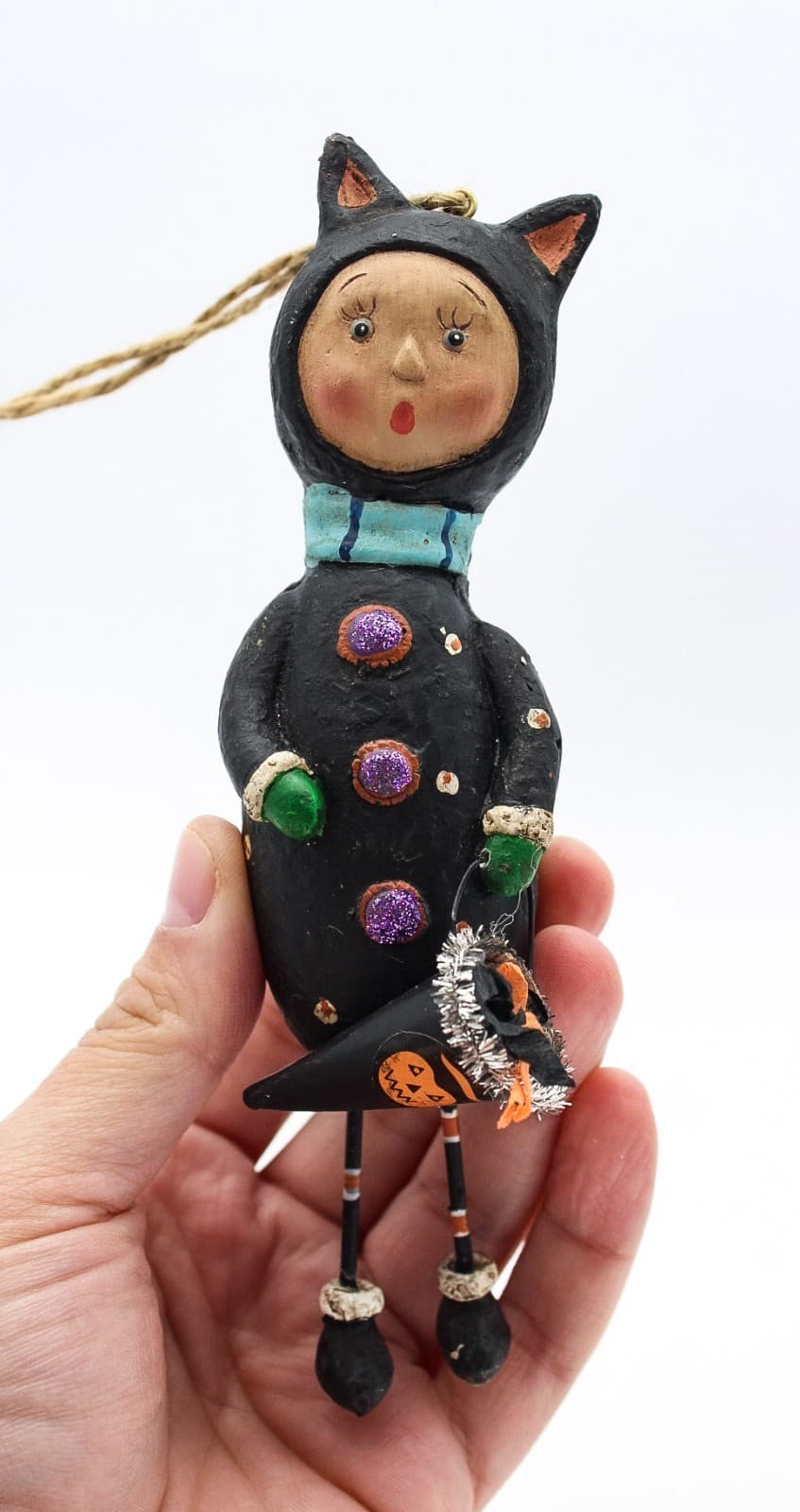 Lori Mitchell Cat Girl Trick Or Treat Folk Art Halloween Christmas Ornament - Thumbnail 2
