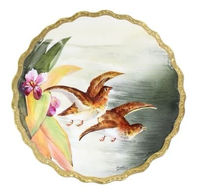 Antique Hand Painted Birds Gold Gilt Rim Limoges France Plate Signed BRAHIC - Image 1
