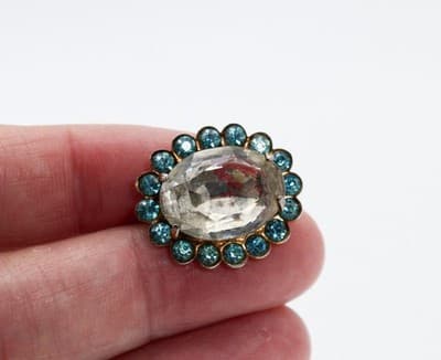 Antique Blue & Clear Faceted Rhinestone Small Oval Floral Pin Brooch - Thumbnail 2