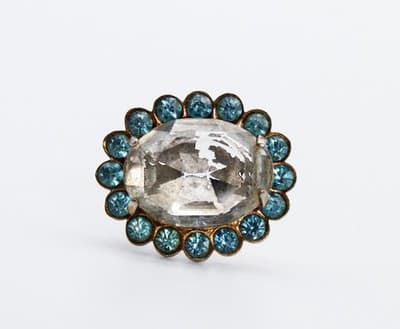 Antique Blue & Clear Faceted Rhinestone Small Oval Floral Pin Brooch - Thumbnail 6