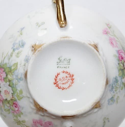LIMOGES France GDA Vintage Gold Gilt Floral Porcelain Boullion Cup & Saucer - Thumbnail 3
