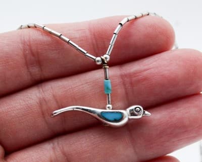 Vintage Zuni Native American Sterling Silver 925 Turquoise Bird Pendant Necklace - Thumbnail 2