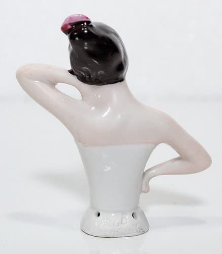 Antique German Porcelain Woman Pin Cushion Nude Half Doll with Black Hair - Thumbnail 3