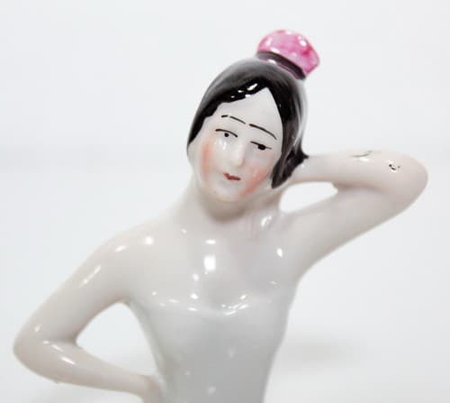 Antique German Porcelain Woman Pin Cushion Nude Half Doll with Black Hair - Thumbnail 2