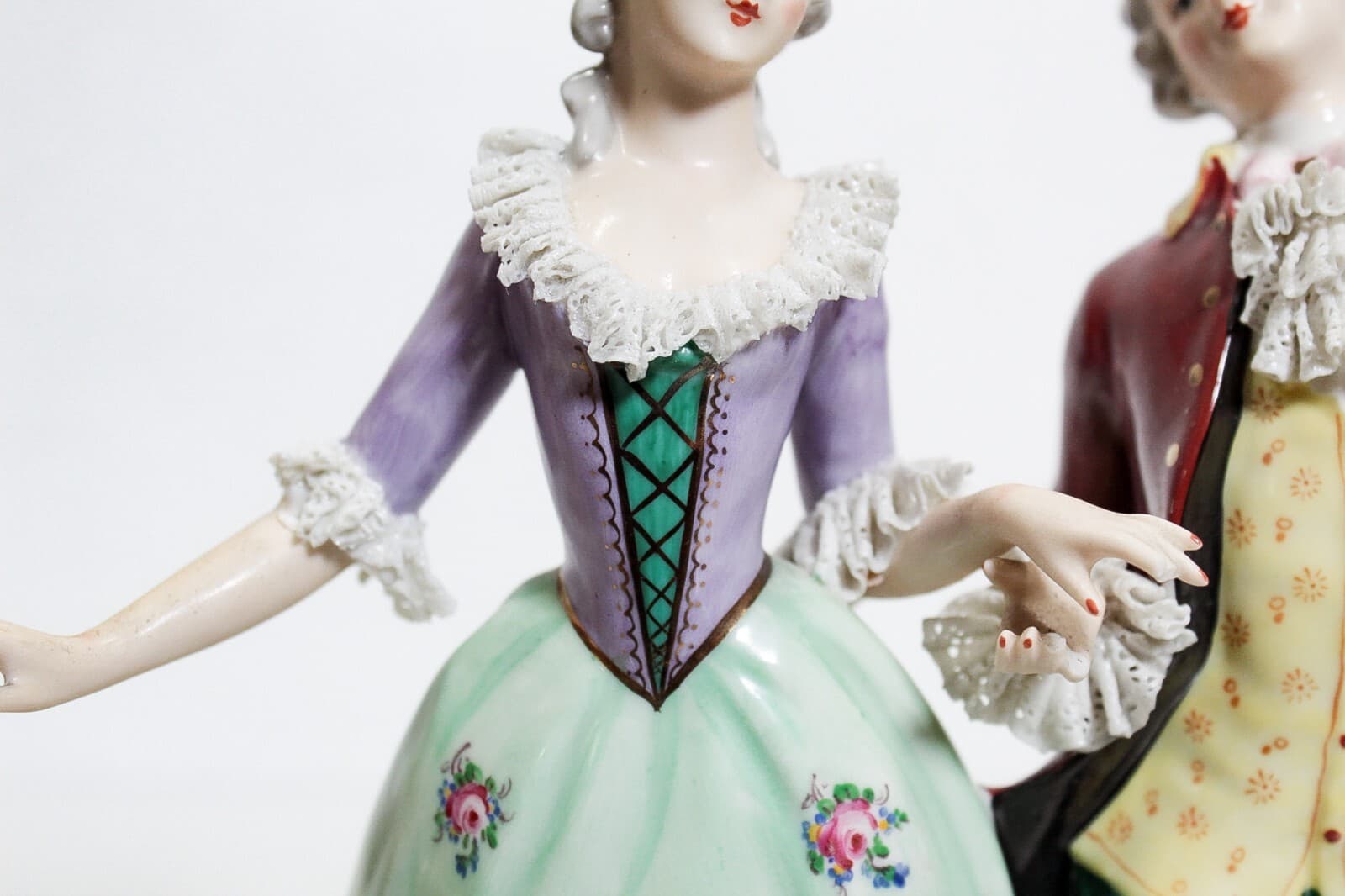 Antique Dresden Gemany Hand Painted Dancing Couple Lace Porcelain Figure - Thumbnail 9