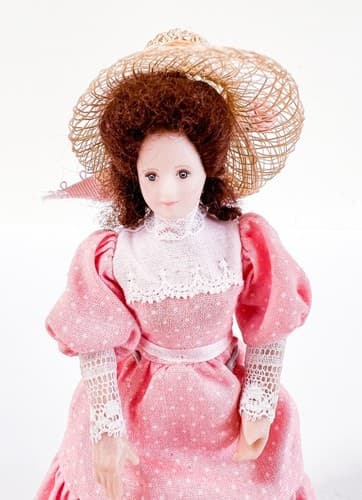 Vintage Victorian Gibson Girl w/ Pink Dress and Hat Miniature Porcelain Doll - Thumbnail 2