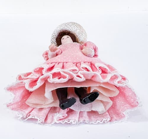 Vintage Victorian Gibson Girl w/ Pink Dress and Hat Miniature Porcelain Doll - Thumbnail 5