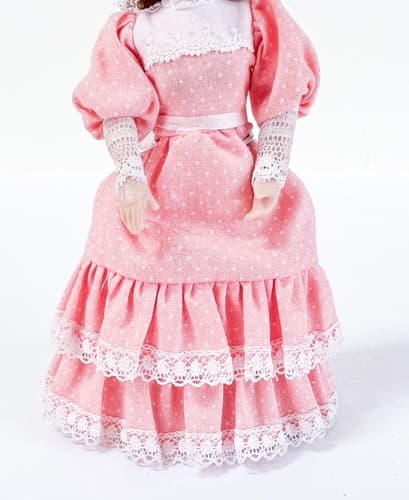 Vintage Victorian Gibson Girl w/ Pink Dress and Hat Miniature Porcelain Doll - Thumbnail 3
