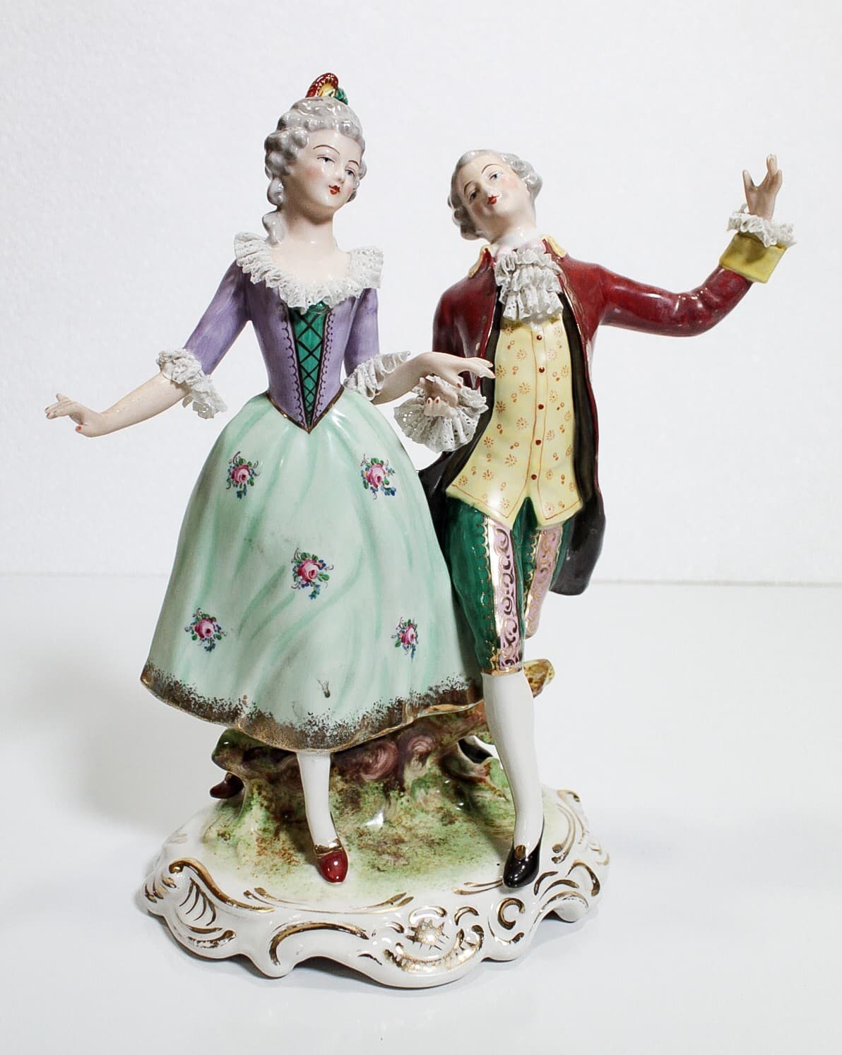 Antique Dresden Gemany Hand Painted Dancing Couple Lace Porcelain Figure - Thumbnail 2