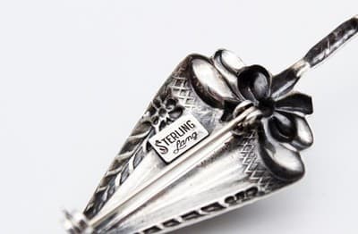 Lang Designer Vintage Sterling Silver 925 Umbrella Parasol Motif Pin Brooch - Thumbnail 3