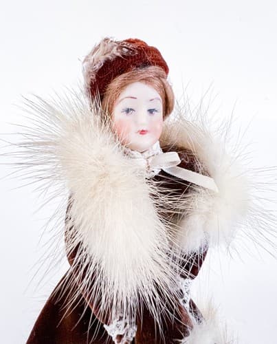 Vintage Royal Brown Velvet and Fur Outfit Miniature Porcelain Doll - Thumbnail 2