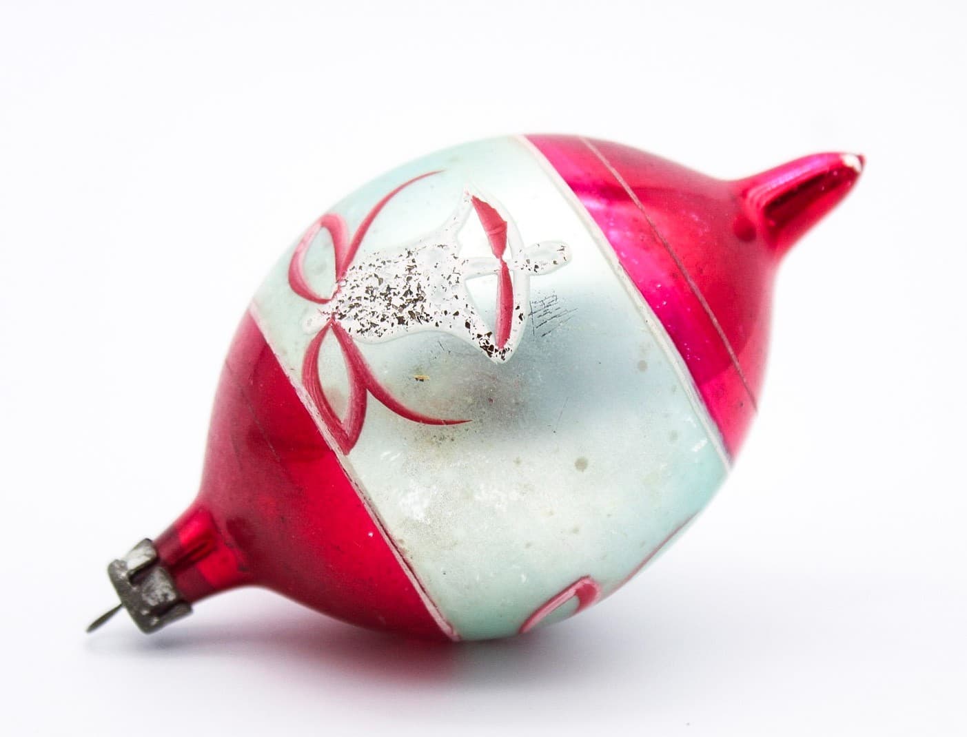 Poland Hand Painted Teardrop Silver Pink Mica Bell Glass Christmas Ornament Vtg - Thumbnail 2