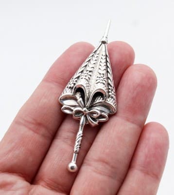 Lang Designer Vintage Sterling Silver 925 Umbrella Parasol Motif Pin Brooch - Thumbnail 7