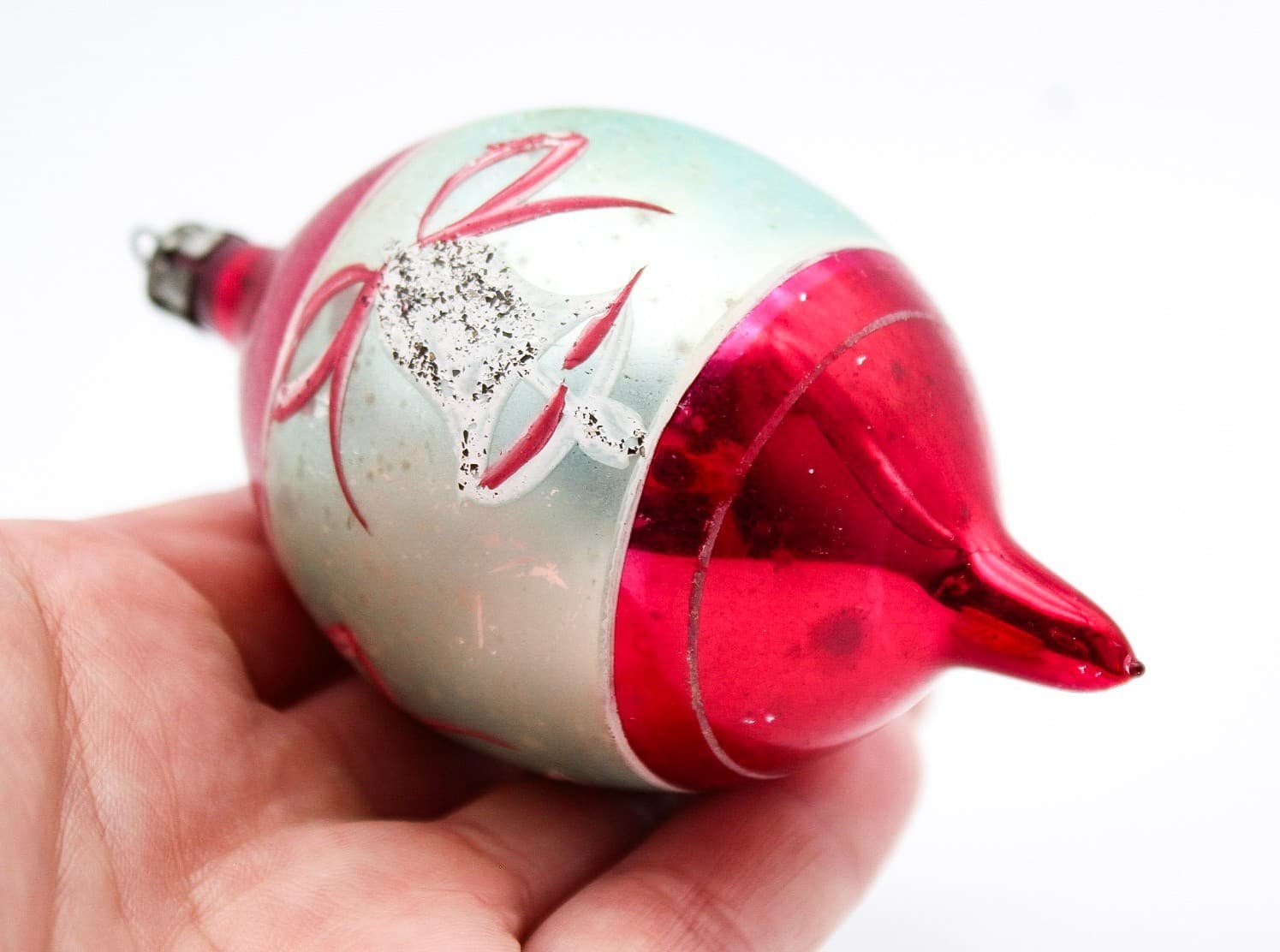 Poland Hand Painted Teardrop Silver Pink Mica Bell Glass Christmas Ornament Vtg - Thumbnail 3