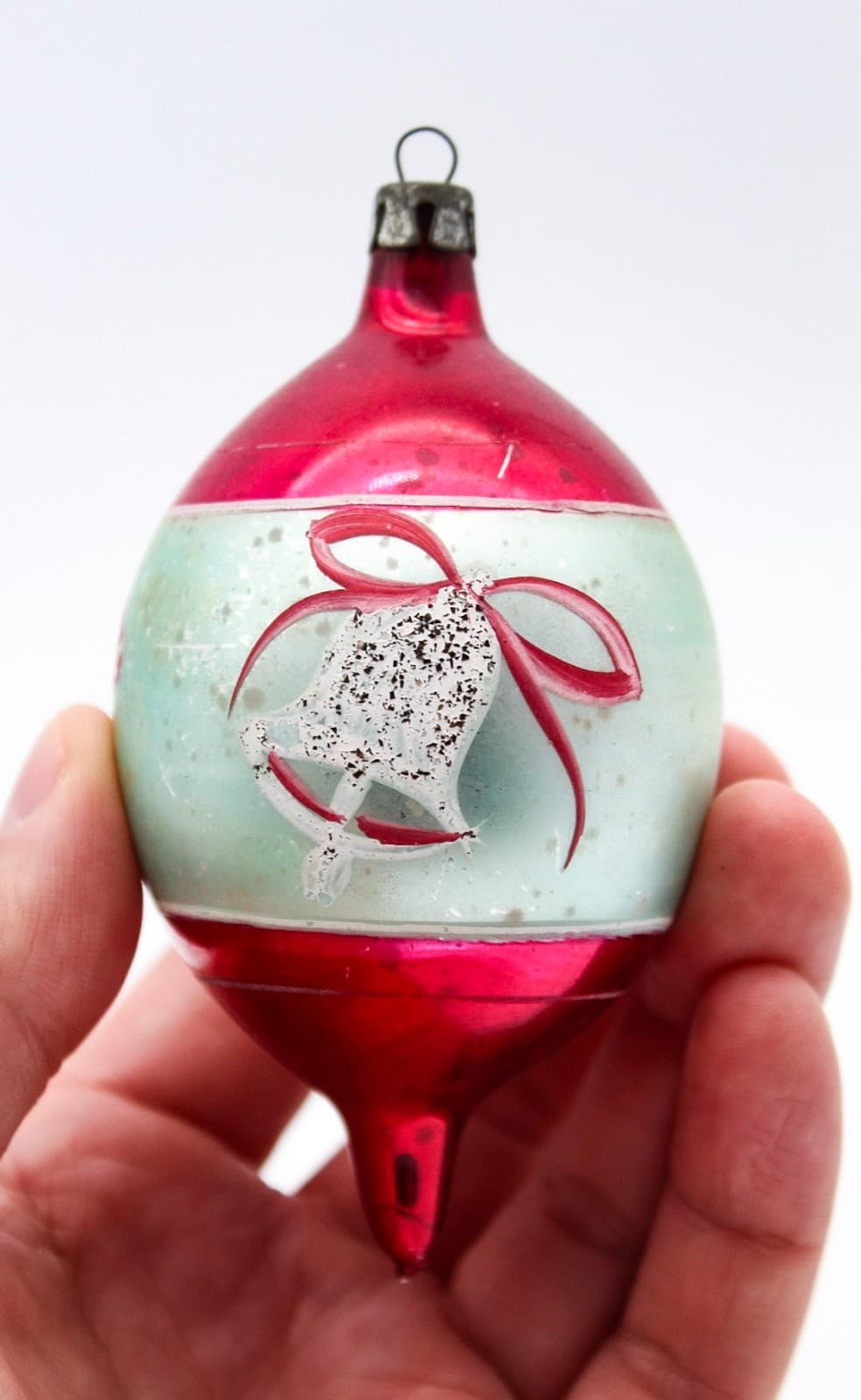 Poland Hand Painted Teardrop Silver Pink Mica Bell Glass Christmas Ornament Vtg - Thumbnail 7