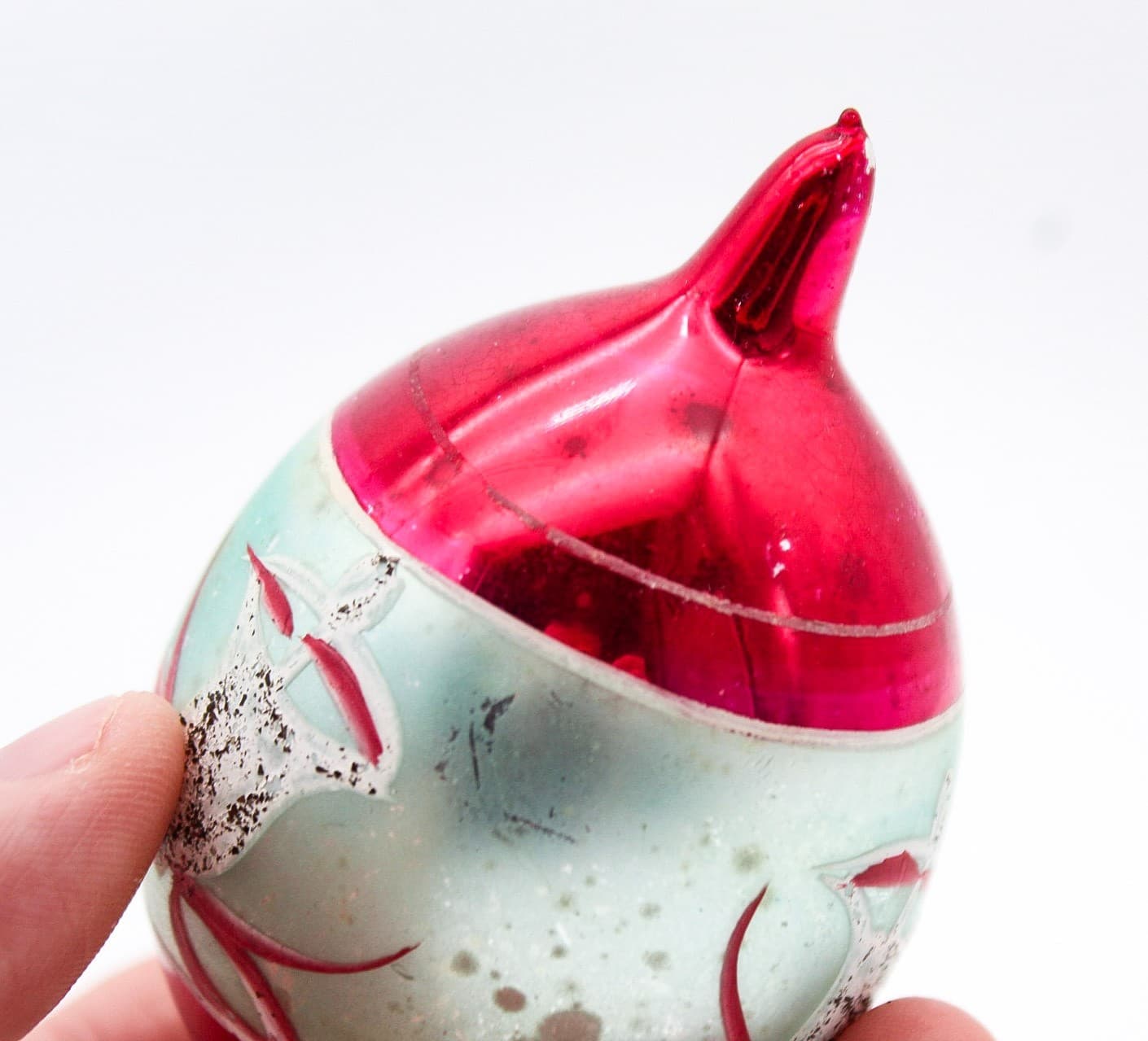Poland Hand Painted Teardrop Silver Pink Mica Bell Glass Christmas Ornament Vtg - Thumbnail 4