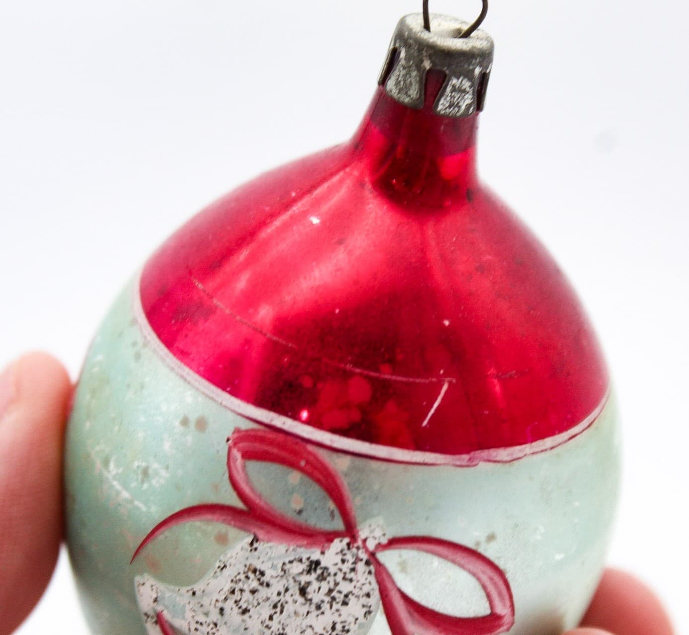 Poland Hand Painted Teardrop Silver Pink Mica Bell Glass Christmas Ornament Vtg - Thumbnail 6
