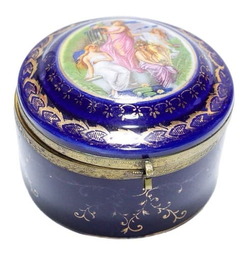 Vintage French Gold Gilt Cobalt Blue Porcelain Round Trinket Box - Image 1