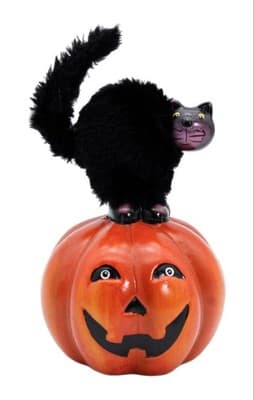 Vintage Ceramic Pumpkin w/ Black Cat Halloween Holiday Figure Decor - Image 1