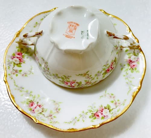 LIMOGES France Elite Works Floral Pattern Double Handle Porcelain Cup & Saucer - Thumbnail 2