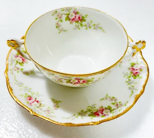 LIMOGES France Elite Works Floral Pattern Double Handle Porcelain Cup & Saucer - Thumbnail 3