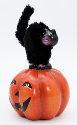 Vintage Ceramic Pumpkin w/ Black Cat Halloween Holiday Figure Decor - Thumbnail 4