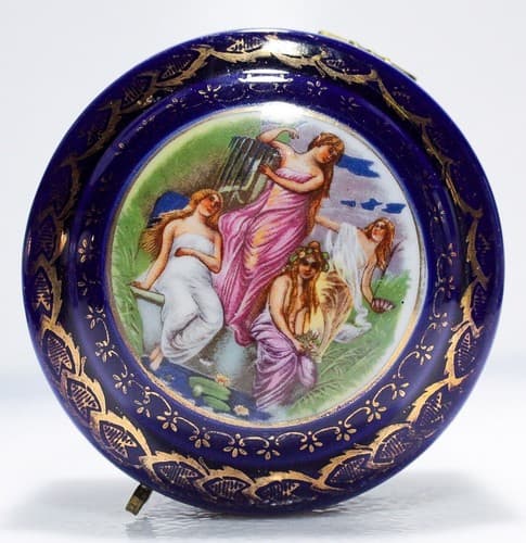 Vintage French Gold Gilt Cobalt Blue Porcelain Round Trinket Box - Thumbnail 2