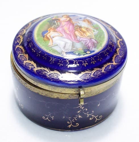 Vintage French Gold Gilt Cobalt Blue Porcelain Round Trinket Box - Thumbnail 5
