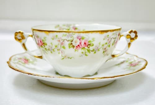 LIMOGES France Elite Works Floral Pattern Double Handle Porcelain Cup & Saucer - Thumbnail 6