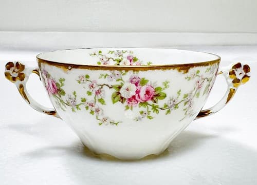 LIMOGES France Elite Works Floral Pattern Double Handle Porcelain Cup & Saucer - Thumbnail 9