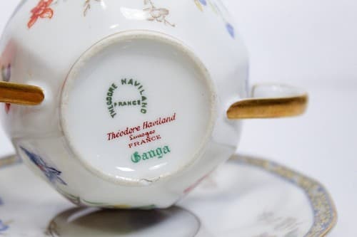 LIMOGES France T. Haviland Floral Motif Porcelain Boullion Cup & Saucer Antique - Thumbnail 4