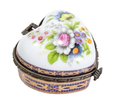Vintage Multicolor Floral Motif Heart Shaped Porcelain Trinket Box - Image 1