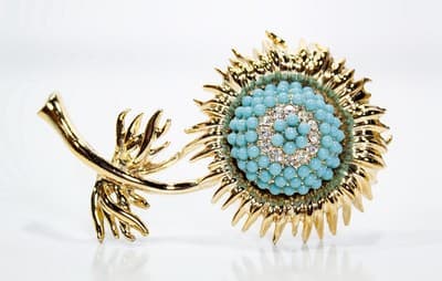 Vintage Goldtone Faux Turquoise Rhinestone Pave Floral Statement Pin Brooch - Image 1