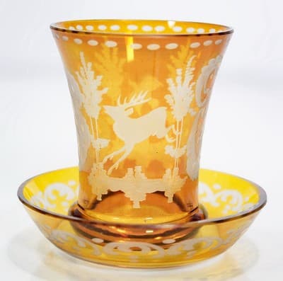 Antique Bohemian Amber Glass Cut To Clear Goblet w/ Serving Dish - Image 1