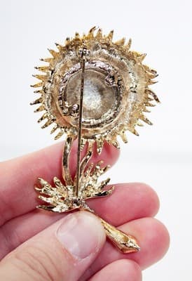 Vintage Goldtone Faux Turquoise Rhinestone Pave Floral Statement Pin Brooch - Thumbnail 6
