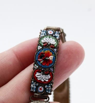 Vintage Micro Mosaic Italy Multicolor Floral Millefiori Handmade Panel Bracelet - Thumbnail 3