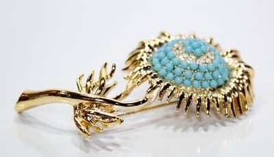 Vintage Goldtone Faux Turquoise Rhinestone Pave Floral Statement Pin Brooch - Thumbnail 4