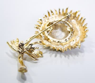 Vintage Goldtone Faux Turquoise Rhinestone Pave Floral Statement Pin Brooch - Thumbnail 5