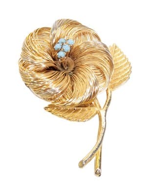 Vintage Gold Tone Wire Wrap Blue Turquoise Flower Statement Pin Brooch - Image 1