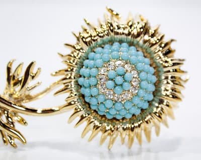 Vintage Goldtone Faux Turquoise Rhinestone Pave Floral Statement Pin Brooch - Thumbnail 2