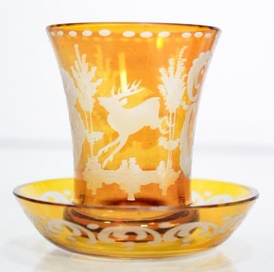 Antique Bohemian Amber Glass Cut To Clear Goblet w/ Serving Dish - Thumbnail 4