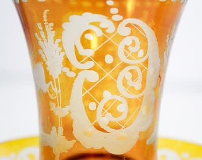 Antique Bohemian Amber Glass Cut To Clear Goblet w/ Serving Dish - Thumbnail 2
